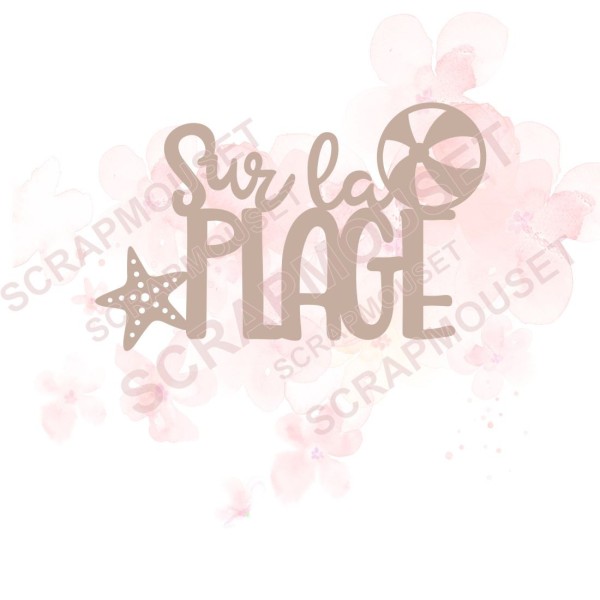 Mot Sur la plage avec ballon et étoiles de mer en carton bois SCRAPMOUSET