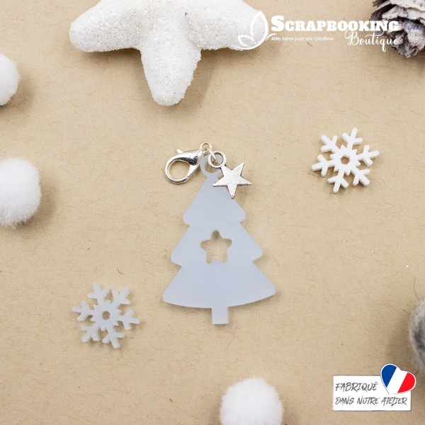 Breloque charm sapin de Noël avec étoile de couleur bleu givré avec fermoir étoile argenté brillant SCRAPMOUSET