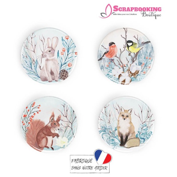 Lot de 4 badges 25mm à dos plat collection Winter Time Série 2 SCRAPMOUSET
