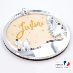 Boule de Noël personnalisée avec écureuil en bois et acrylique miroir argent SCRAPMOUSET