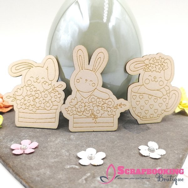 Lot de 3 chipboards lapins fleuris de Printemps SCRAPMOUSET