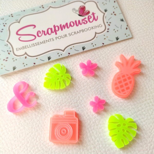 Lot 7 embellissements Eté Fun acrylique plexi néon SCRAPMOUSET
