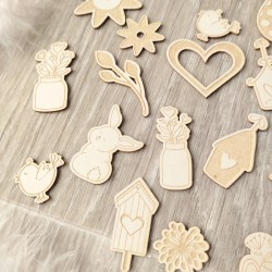 Lot 26 petits embellissements gravés thème Pâques et Printemps en carton bois SCRAPMOUSET pour Scrapbooking et Loisirs Créatifs