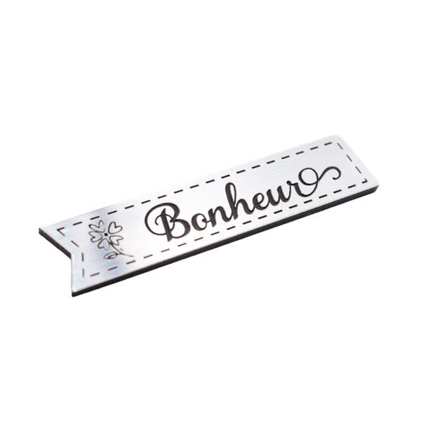 Étiquette Bonheur et petite fleur en Acrylique couleur argent brossé SCRAPMOUSET