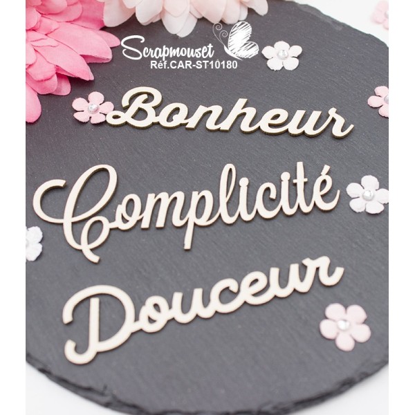 Embellissements en carton bois "Méli-mélo de petits mots" de Scrapmouset