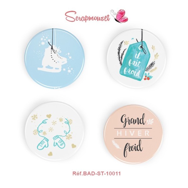 Lot de 4 badges 25 mm "L'hiver" de Scrapmouset