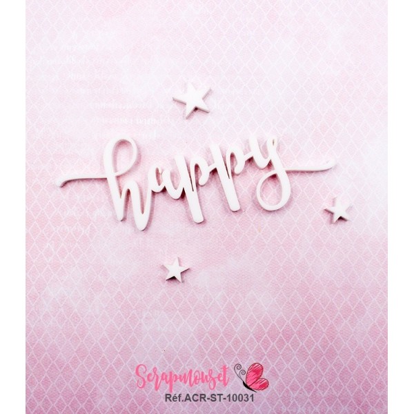 Mot "happy" en Acrylique Blanc 9,6 x 4,1 cm - Scrapmouset