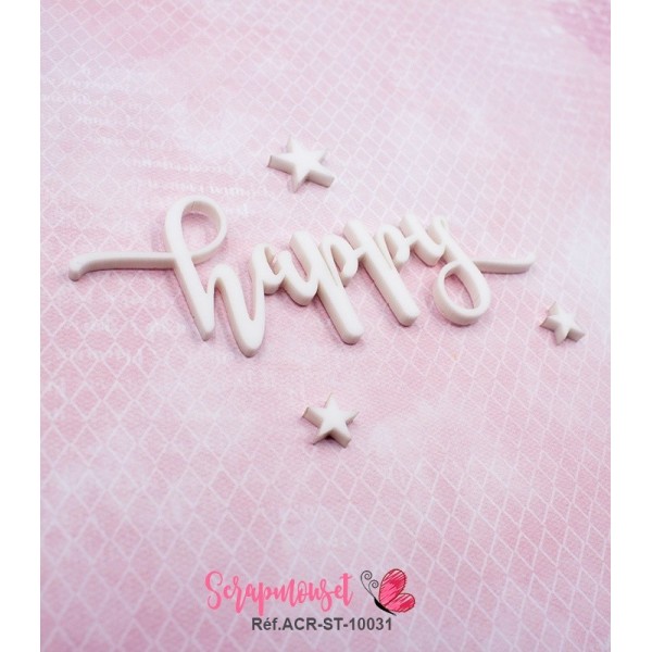 Mot "happy" en Acrylique Blanc 9,6 x 4,1 cm - Scrapmouset