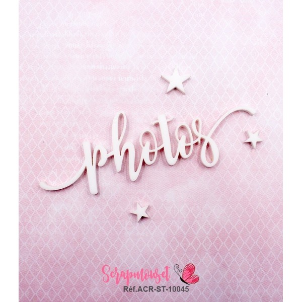 Mot "photos" en Acrylique Blanc 10,4 x 3,6 cm - Scrapmouset