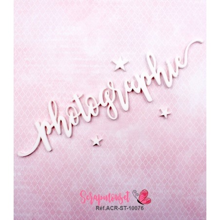 Mot "photographie" en Acrylique Blanc 17,6 x 3,7 cm - Scrapmouset