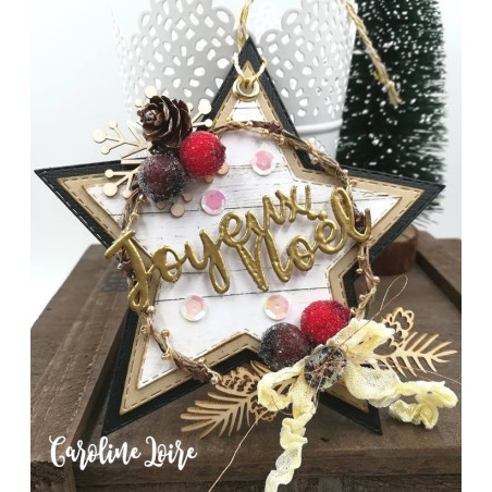 Mots en Carton bois - Joyeux Noël (cadeau et branche de gui) - 8 x 3,5 cm