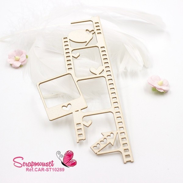 Chipboard en forme de diapositive avec polaroid, flèche, petits coeurs et bulles de message en carton bois - 1 -  Scrapmouset