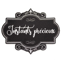 Étiquette de type Vintage en cuir avec le mot Instants précieux SCRAPMOUSET couleur noire gravure argentée